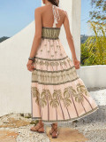 Bohemian ethnic style printed beads halter neck backless sling beach long dress holiday leisure dress
