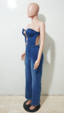 Fashion women's tube top backless slim straight wide leg denim jumpsuit
