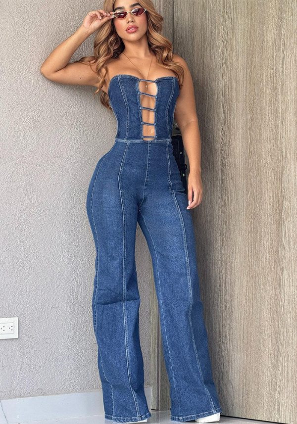 Fashion women's tube top backless slim straight wide leg denim jumpsuit