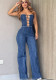 Fashion women's tube top backless slim straight wide leg denim jumpsuit