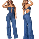 Fashion women's tube top backless slim straight wide leg denim jumpsuit