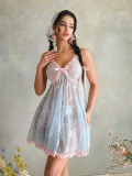 Sexy see-through lace nightdress bow contrast color sweet sexy lingerie