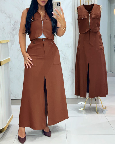 Summer Women's Solid Color Sleeveless Zipper Metal Ring Vest + High Waist Slit Maxi Skirt Set