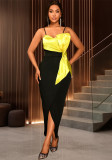 Sexy contrast color tube top hip skirt bow slim evening dress