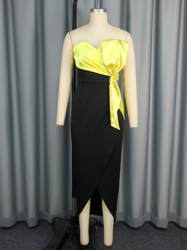 Sexy contrast color tube top hip skirt bow slim evening dress