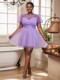 Puff sleeve dress 3D butterfly mesh slim graduation dress
