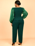 Ruffled slim top and elegant pants plus size  puff sleeve suit