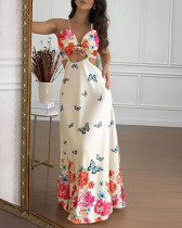 Summer women's floral print lace-up hollow holiday dress