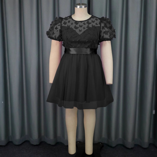 Puff sleeve dress 3D butterfly mesh slim graduation dress