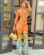 Women's Slim Fit Printed Long Halter Neck Backless Jumpsuit 
