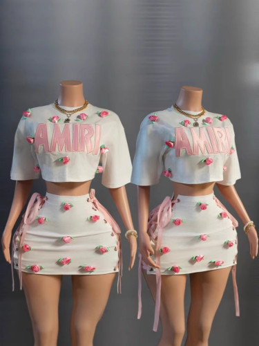 Sexy Rose Decorated Cropped T-Shirt and Short Skirt Set