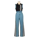 Women denim patchwork stripes denim pants set