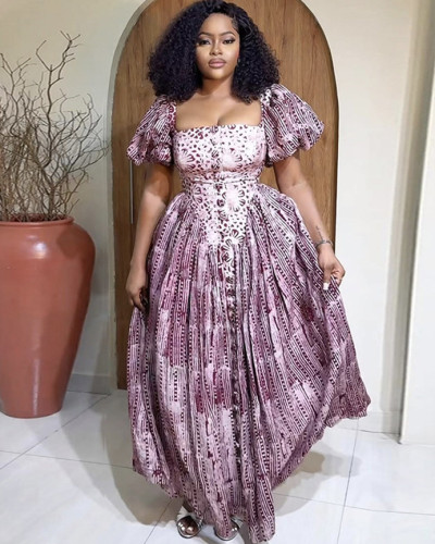 Women's Summer Square Neck Printed Puff Sleeve High Waist Maxi Dress