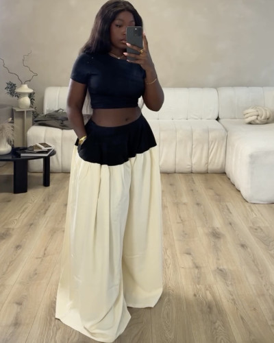 Women's Summer Slim Cropped Top Wide Leg Contrast Color Pants Set