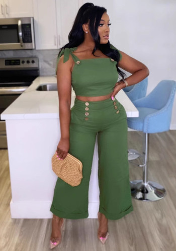 Green Vest Wide-Leg Two-Piece Pants Set