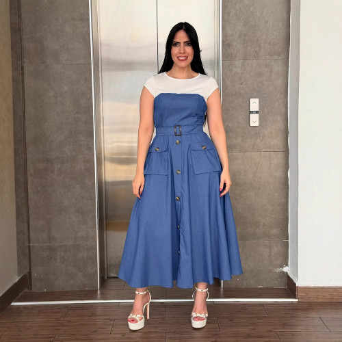 Denim Patchwork Contrast Color Maxi Dress