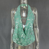 Deep V sequined halter neck sexy backless holiday top