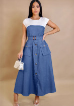 Denim Patchwork Contrast Color Maxi Dress