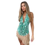 Deep V sequined halter neck sexy backless holiday top