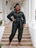 Plus size women clothing ladies denim long jumpsuit with belt