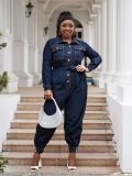 Plus size women clothing ladies denim long jumpsuit with belt