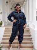 Plus size women clothing ladies denim long jumpsuit with belt