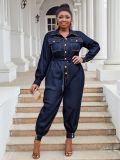 Plus size women clothing ladies denim long jumpsuit with belt