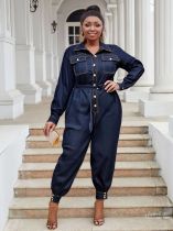 Plus size women clothing ladies denim long jumpsuit with belt
