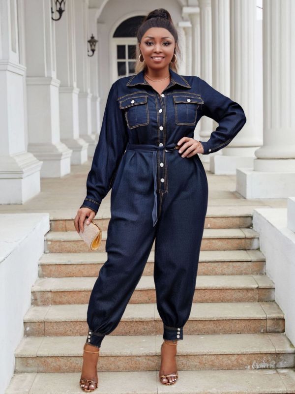 Plus size women clothing ladies denim long jumpsuit with belt