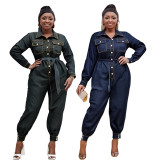 Plus size women clothing ladies denim long jumpsuit with belt