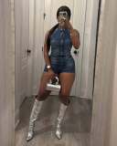 Women Denim Blue Halter Neck Short Rompers Jumpsuit