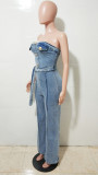 Women's Strapless Washed Denim Blue Jumpsuit