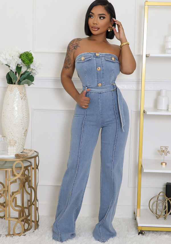 Women's Strapless Washed Denim Blue Jumpsuit