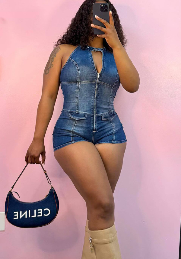 Women Denim Blue Halter Neck Short Rompers Jumpsuit
