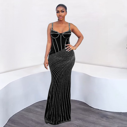Women sexy sleeveless beaded long evening dress