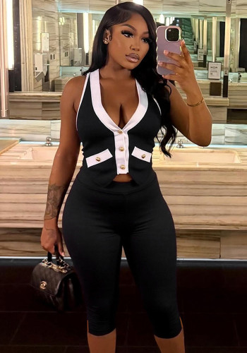Women's contrast color V-neck gold button halter neck backless top tight cropped trousers set