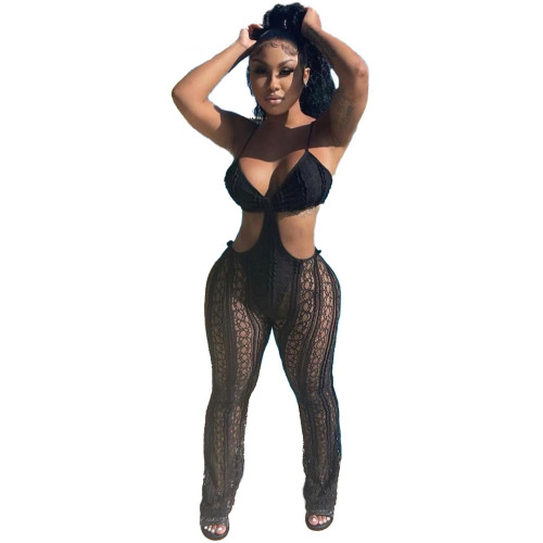 Women sexy black lace strap jumpsuit