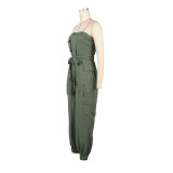 Casual Solid Color Multi-Pocket Tube Cargo Jumpsuit