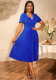 Women bow tie short sleeve pleated Blue Formal Party dress