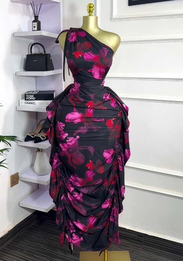One-Shoulder Print Long Bodycon Dress