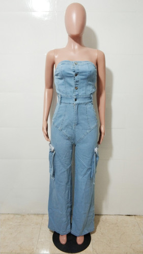 Casual Strapless Women’s Cargo Denim Jumpsuit