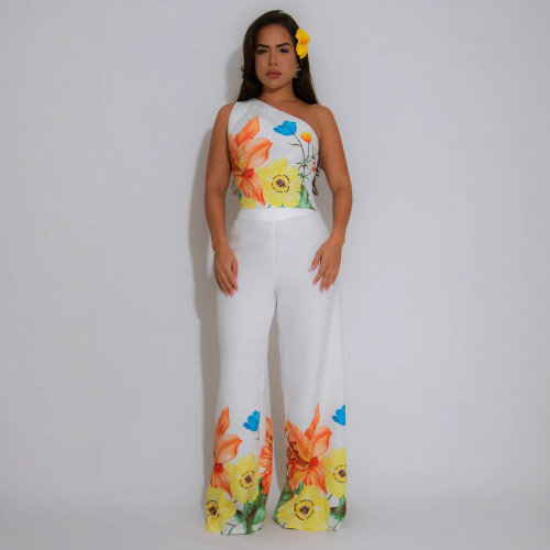 Women Print One Shoulder Top and Wide Leg Pants Two Piece Set