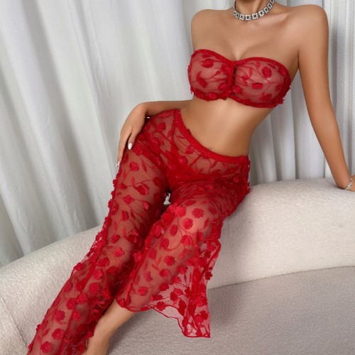 Red three-dimensional flower perspective tulle body shaping sexy underwear three-piece suit