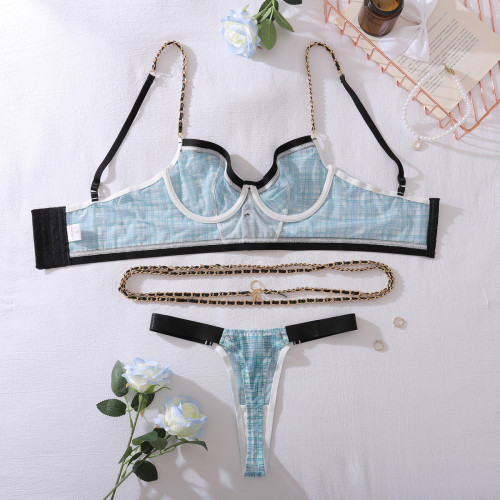 Chain decorated retro plaid body shaping sexy underwear two-piece set