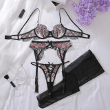 Sexy Embroidered Bra Set Contrast Color Mesh See-through Temptation Underwear Four-piece Set