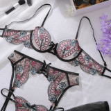 Sexy Embroidered Bra Set Contrast Color Mesh See-through Temptation Underwear Four-piece Set