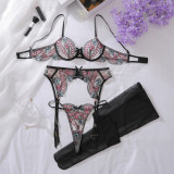 Sexy Embroidered Bra Set Contrast Color Mesh See-through Temptation Underwear Four-piece Set