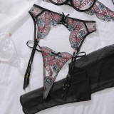 Sexy Embroidered Bra Set Contrast Color Mesh See-through Temptation Underwear Four-piece Set