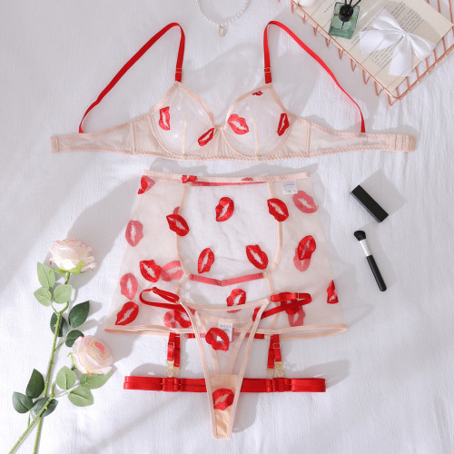 Mesh transparent embroidered red lips thin sexy underwear set