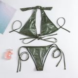 Sexy Deep V Solid Color Halter Bikini